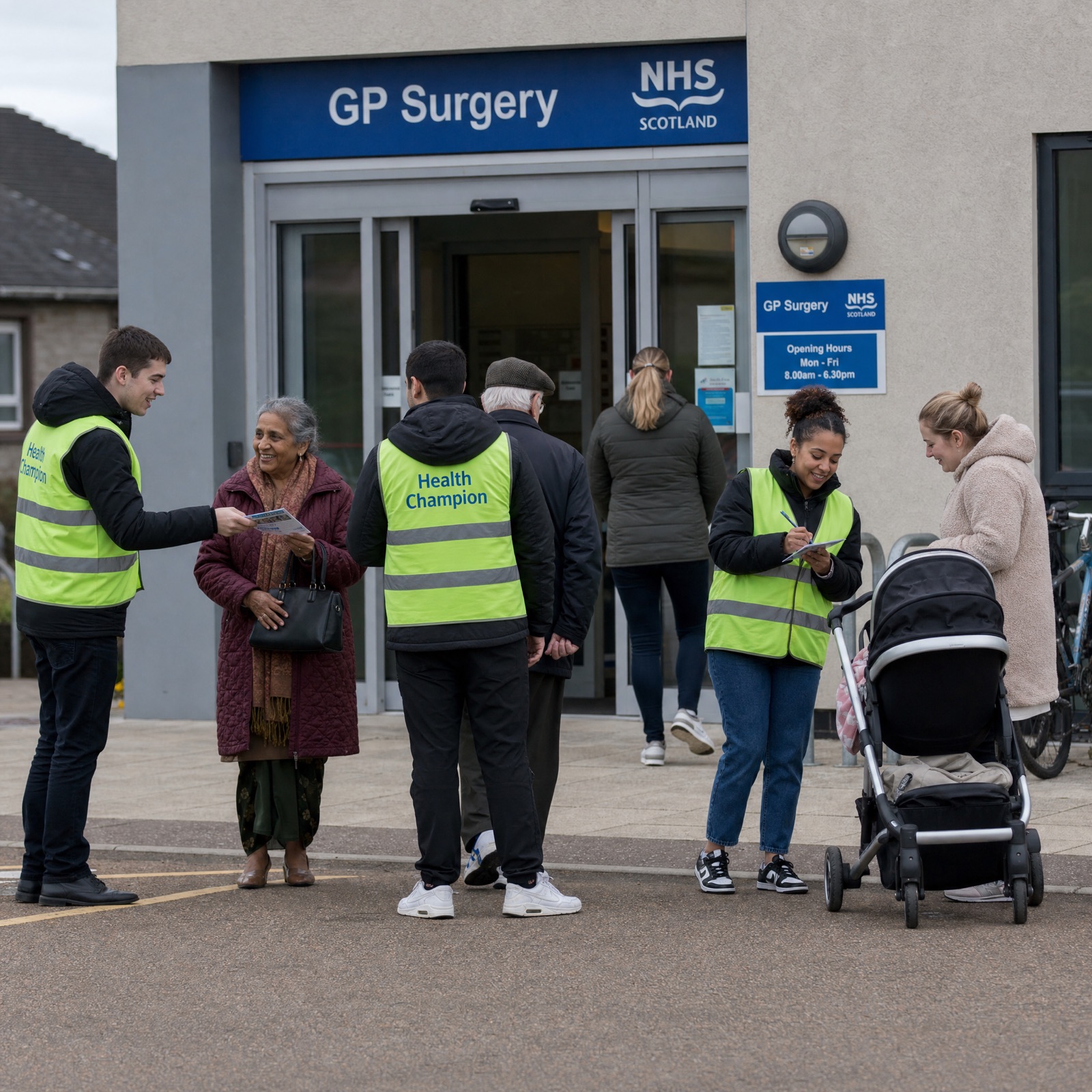 Volunteers putting up a poster in Arbroath